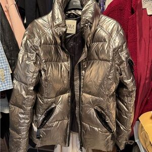 SAM. Silver Puffer Jacket with Metallic Finish and High Collar